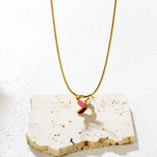 ✨ Wholesale Gold Stainless Steel Windmill Pendant Necklace | 15x15mm Pinwheel Charm with White Zirconia, 0.3mm Cross Chain 45+5cm + Round Tag