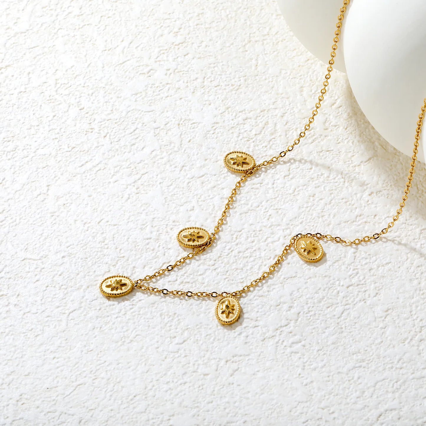 ✨ Wholesale Gold Stainless Steel Ellipse Charm Necklace | 6.2x8.4mm Oval Pendant, 0.3mm Cross Chain 42+5cm with 6mm Round Tag