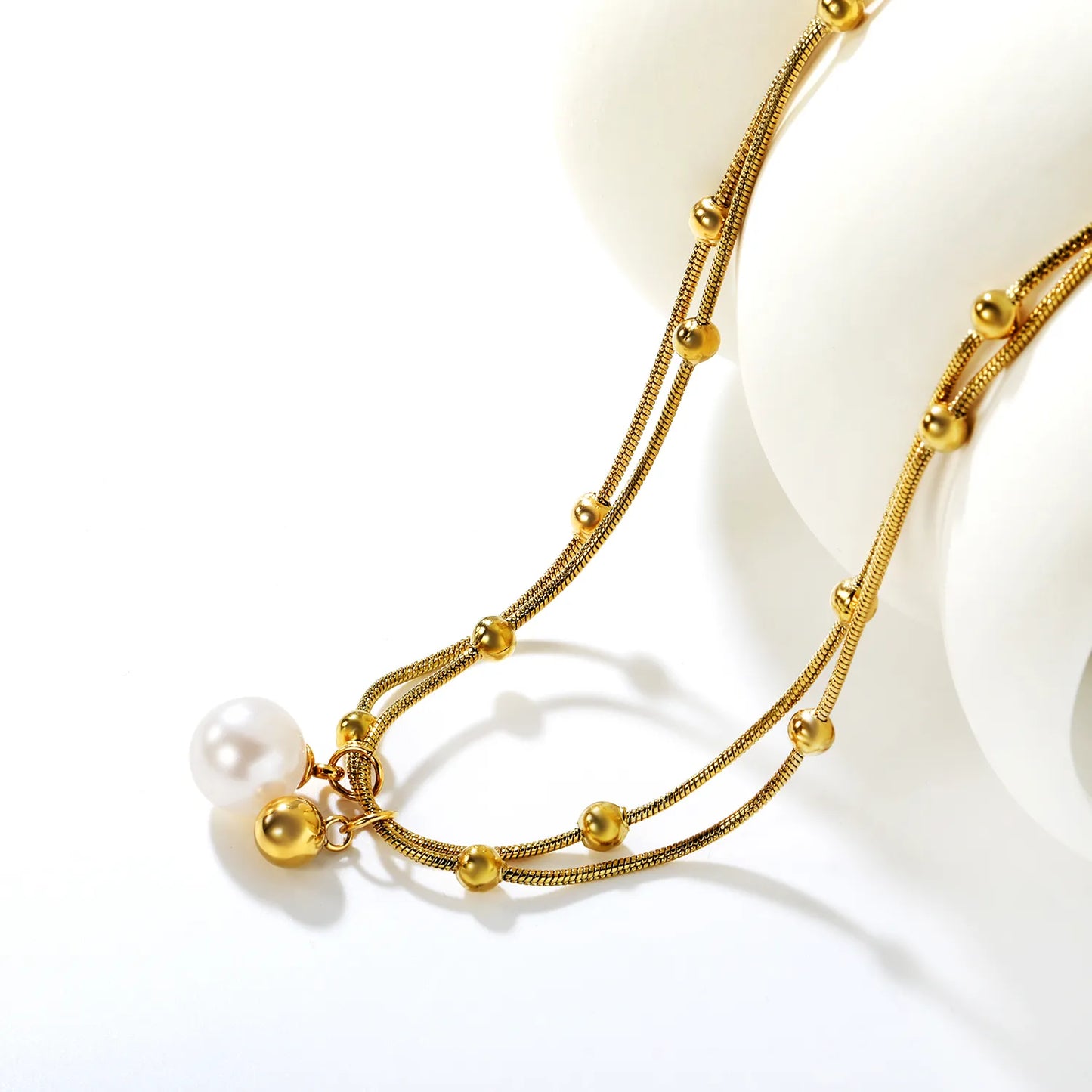 ✨ Wholesale 18k gold plated Pearl & Gold Bead Double Pendant Necklace | 10mm Pearl 6mm Bead 45cm