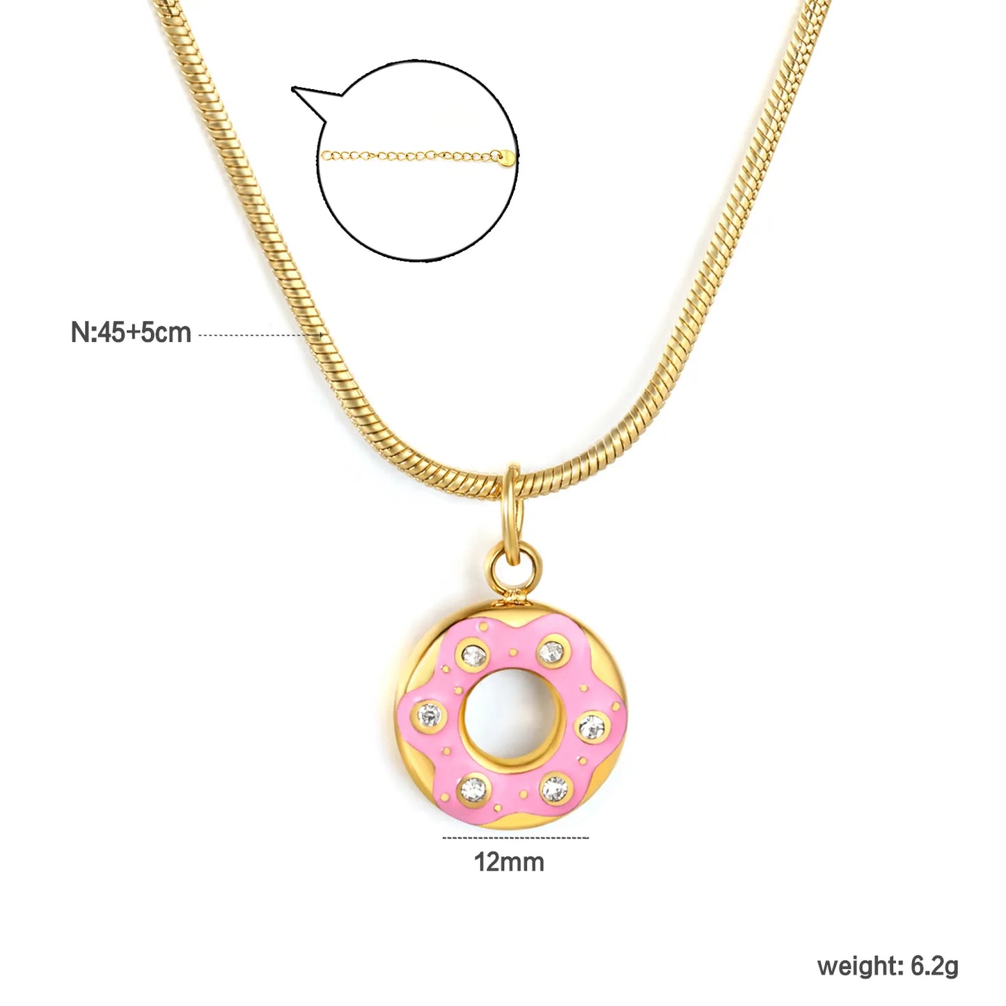 ✨🍩 Wholesale Donut Necklace with Zircon Stones | Pink Enamel Donut Charm 12mm | 45+5cm Adjustable Snake Chain | Cute Food Jewelry Bulk