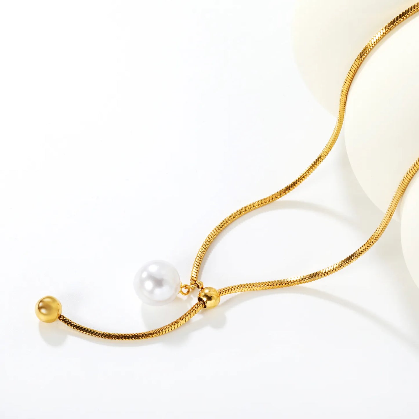 ✨ Wholesale Gold Stainless Steel Adjustable Chain Necklace | 13mm Artificial Pearls & 7mm Dual Ring Pendant, 65cm Lightweight Chain, 13.4g, Minimalist Jewelry Bulk