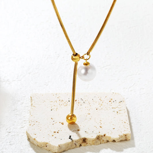 ✨ Wholesale Gold Stainless Steel Adjustable Chain Necklace | 13mm Artificial Pearls & 7mm Dual Ring Pendant, 65cm Lightweight Chain, 13.4g, Minimalist Jewelry Bulk