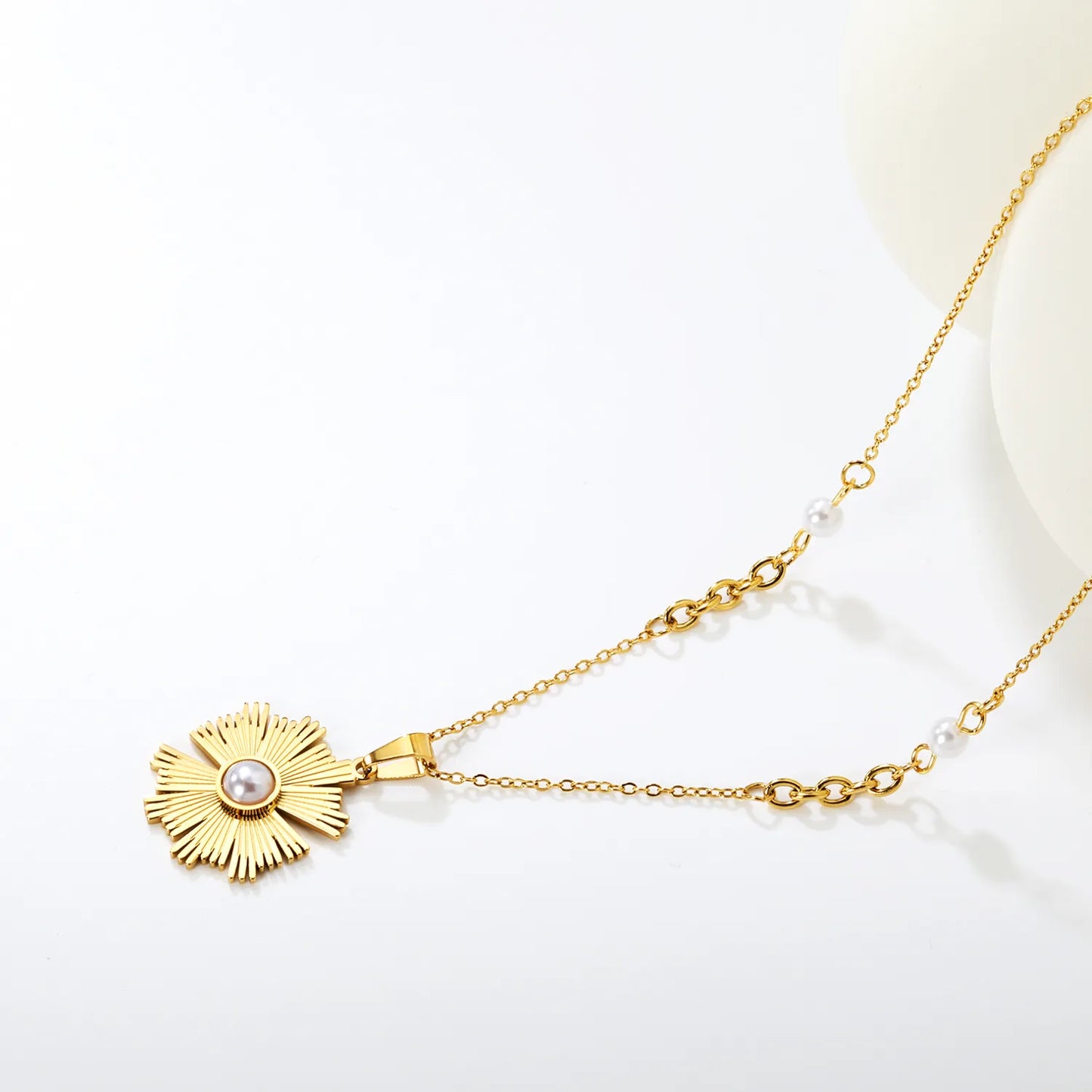 ✨ Wholesale 20x19.7mm Sunflower Pearl Pendant Necklace | Gold Plated 4mm Pearl Chain 40+5cm