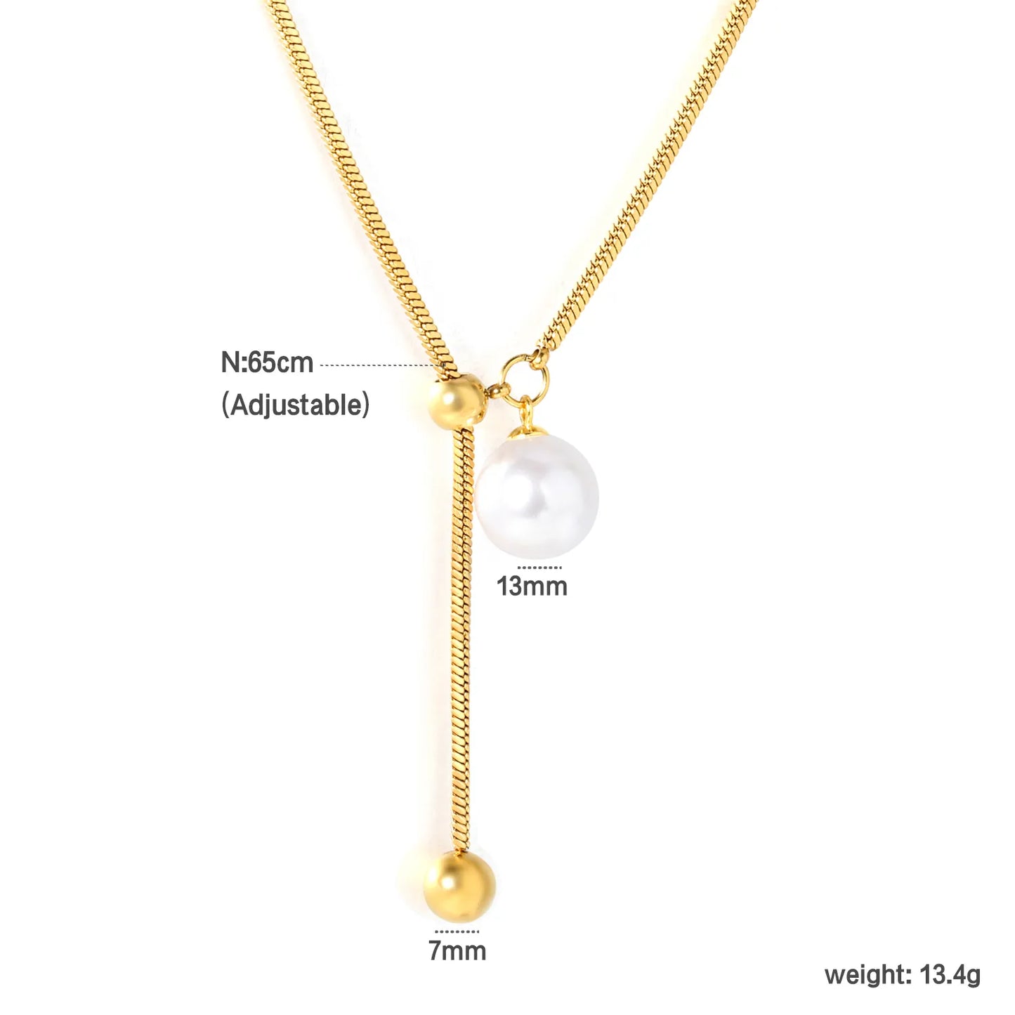 ✨ Wholesale Gold Stainless Steel Adjustable Chain Necklace | 13mm Artificial Pearls & 7mm Dual Ring Pendant, 65cm Lightweight Chain, 13.4g, Minimalist Jewelry Bulk