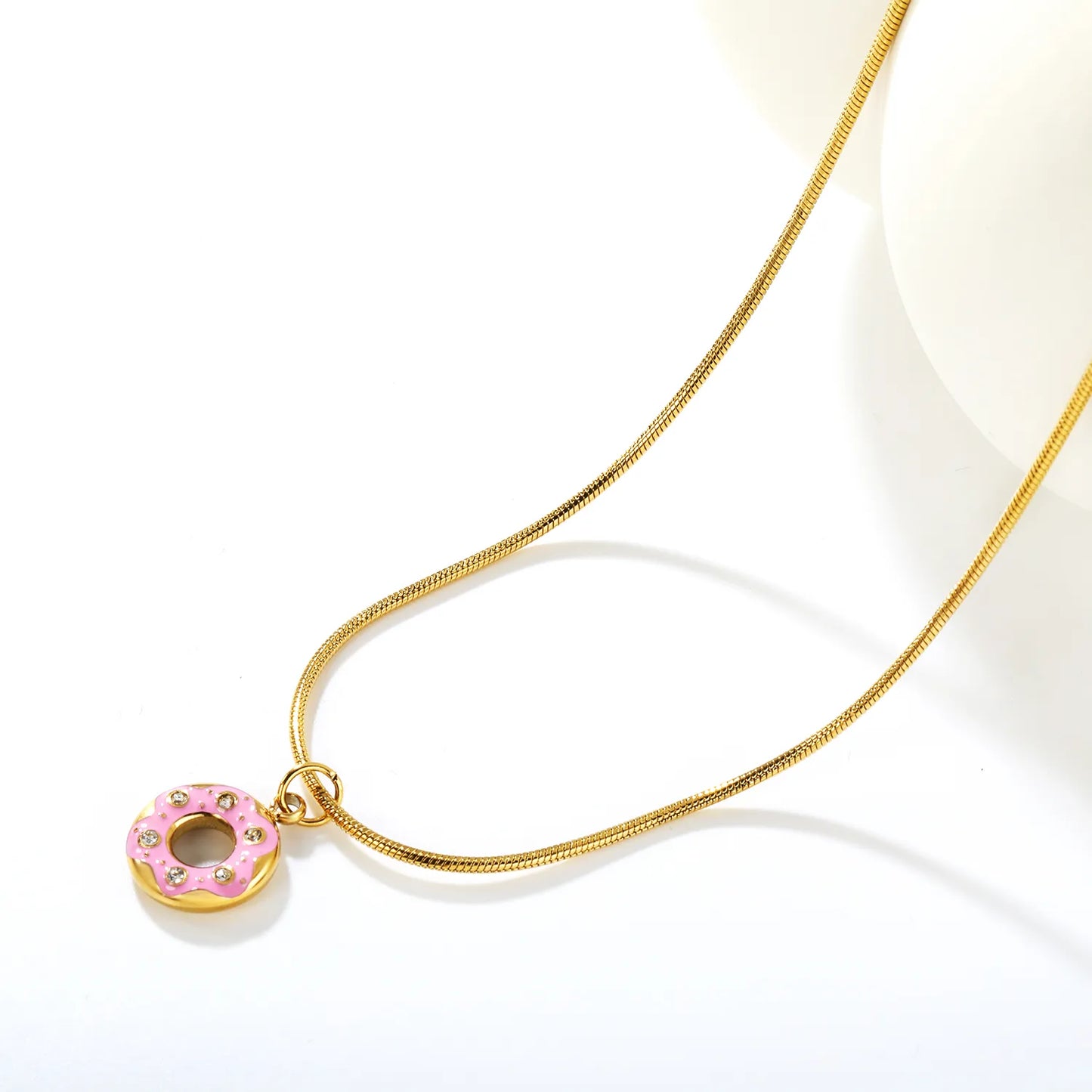 ✨🍩 Wholesale Donut Necklace with Zircon Stones | Pink Enamel Donut Charm 12mm | 45+5cm Adjustable Snake Chain | Cute Food Jewelry Bulk