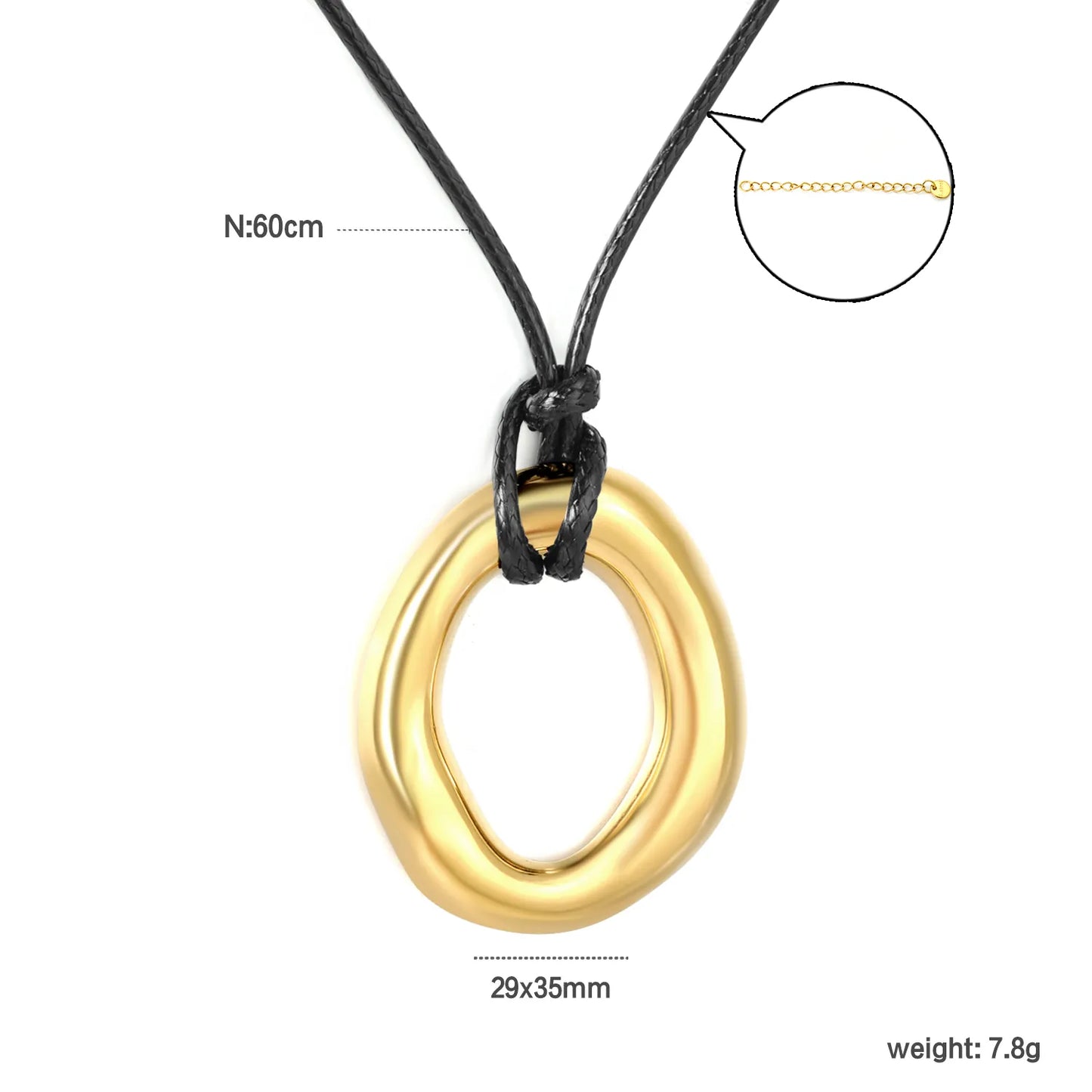 ✨ Wholesale Gold Stainless Steel Irregular Circle Pendant Necklace | 29x35mm Abstract Design, Black Rope Chain 60cm + 6mm Round Tag, Unisex Jewelry Bulk
