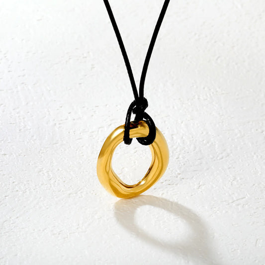 ✨ Wholesale Gold Stainless Steel Irregular Circle Pendant Necklace | 29x35mm Abstract Design, Black Rope Chain 60cm + 6mm Round Tag, Unisex Jewelry Bulk