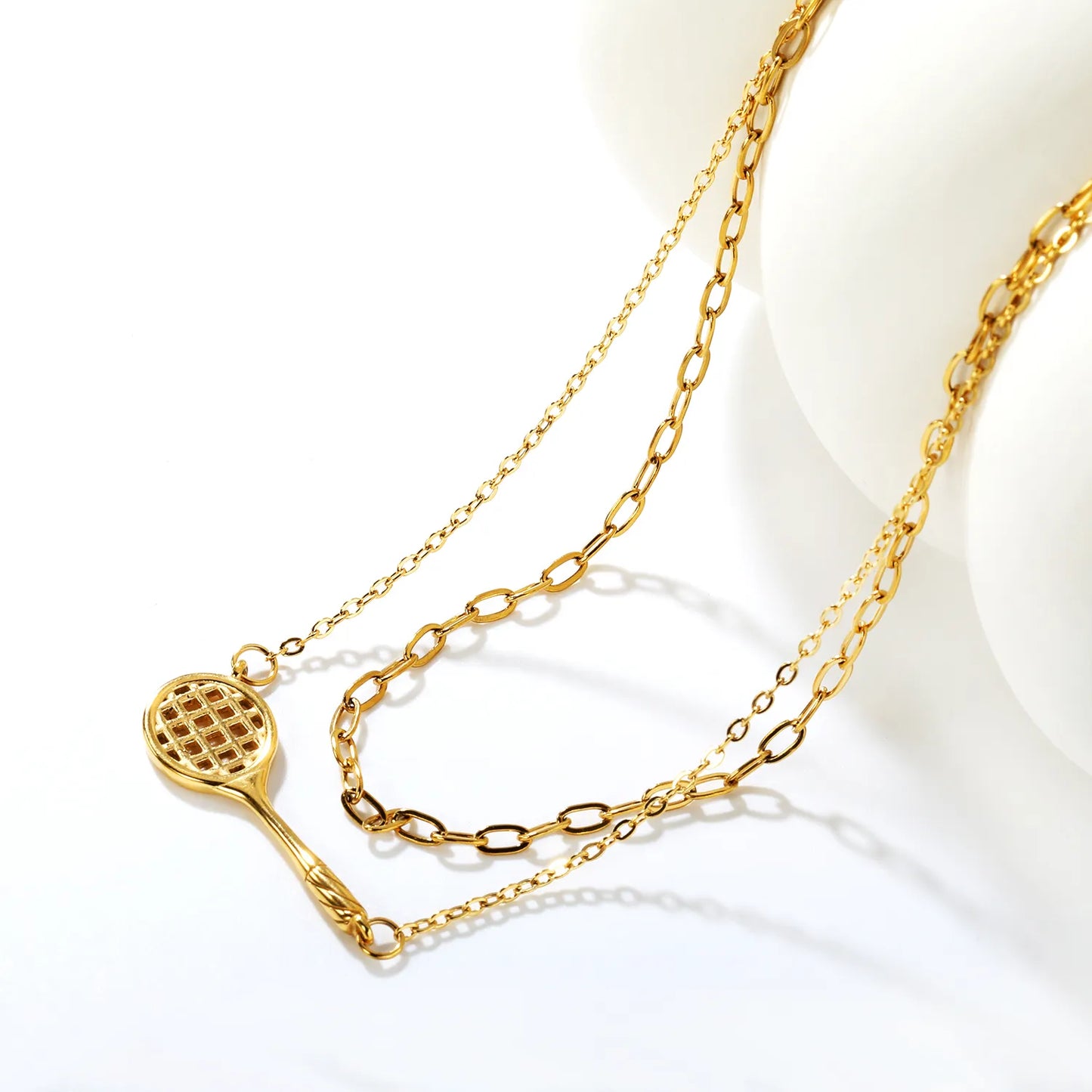 ✨🎾 Wholesale 18k gold plated 31x11mm Tennis Racket Pendant Double Chain Necklace | Gold Cross Link Choker & Long Chain