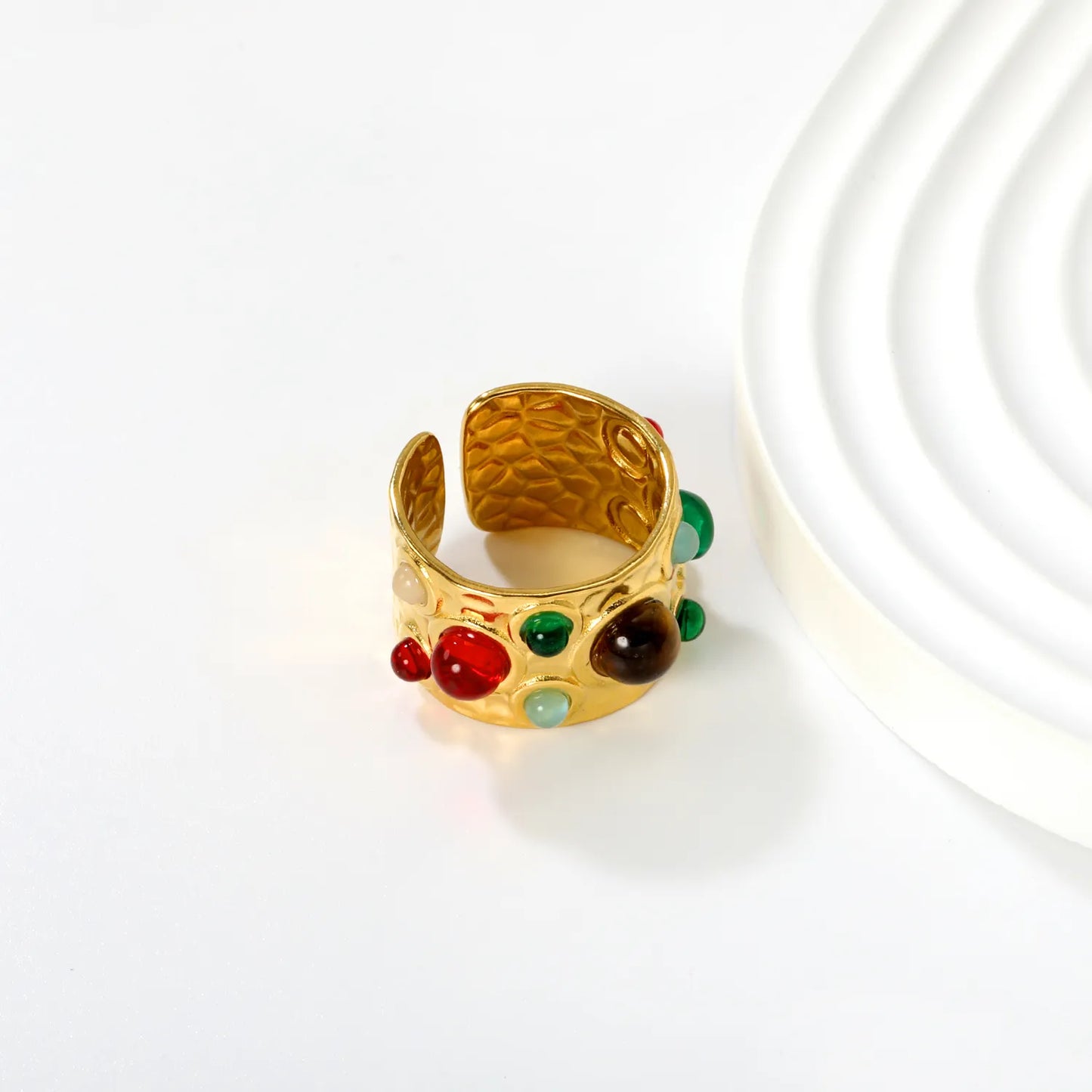 Wholesale Resin Stone Open Ring | Mixed Color Natural Resin Gems | 12mm High Size 7 | Gold Plated Bohemian Style Ring
