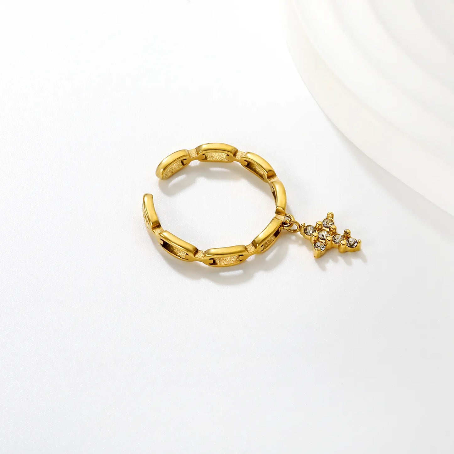 Wholesale Multi-Charm Open Ring | Star/Heart/Leaf/Cross with White Zircon | 10.7mm High Size 7 | Gold Plated Stainless Steel