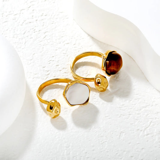 ✨ Wholesale C-Shape Open Ring | 19mm High with Amber or White Gemstone | Gold Plated Stainless Steel | Fashion Ring