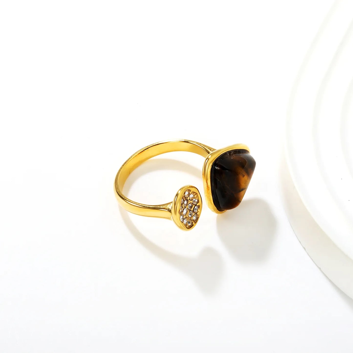 ✨ Wholesale 14mm Triangle Amber Resin Ring | Two-Tone 18k Gold Plated Statement Ring with Zircon