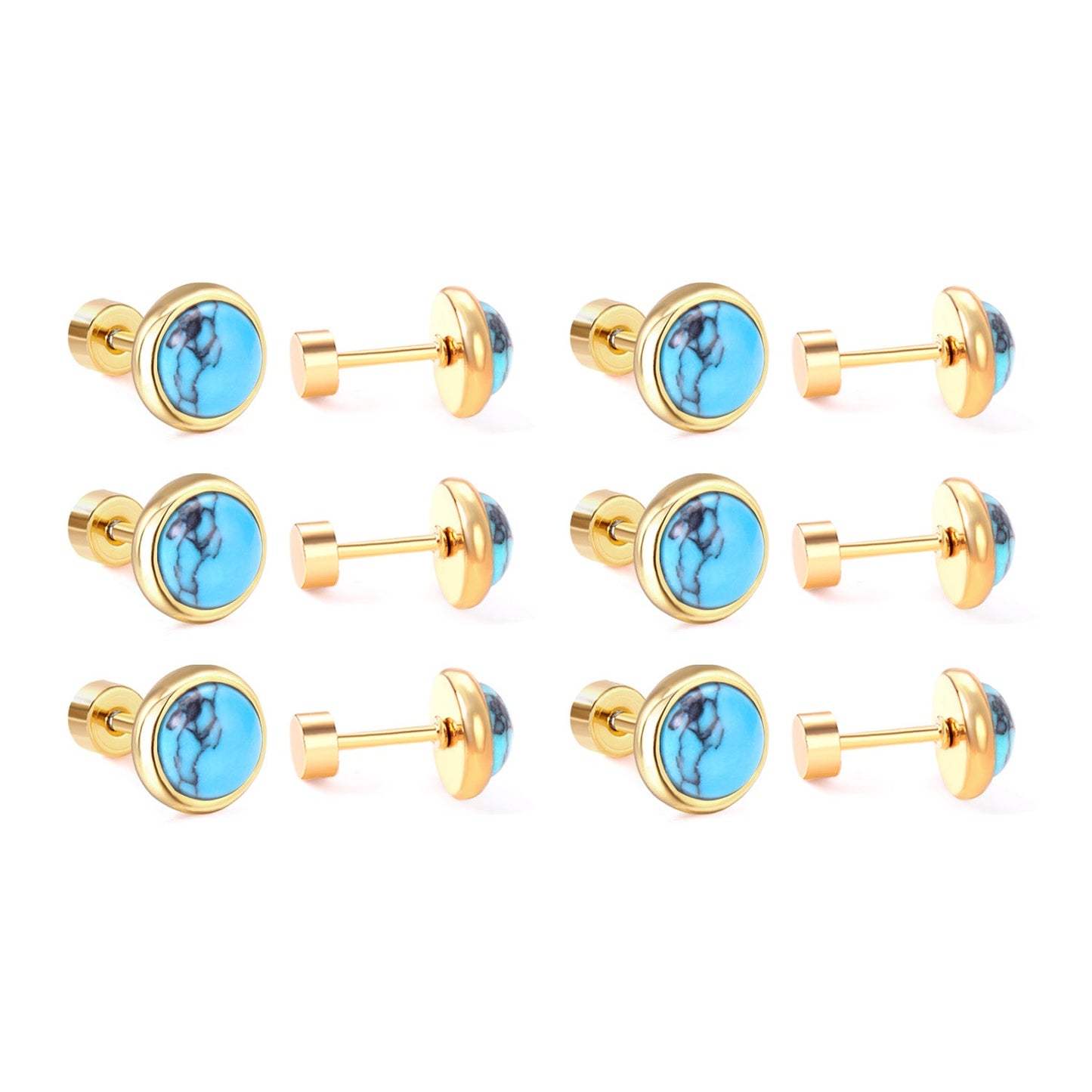 12 pairs 4mm/6mm/8mm Steel Color/Gold Turquoise Screwback Earrings