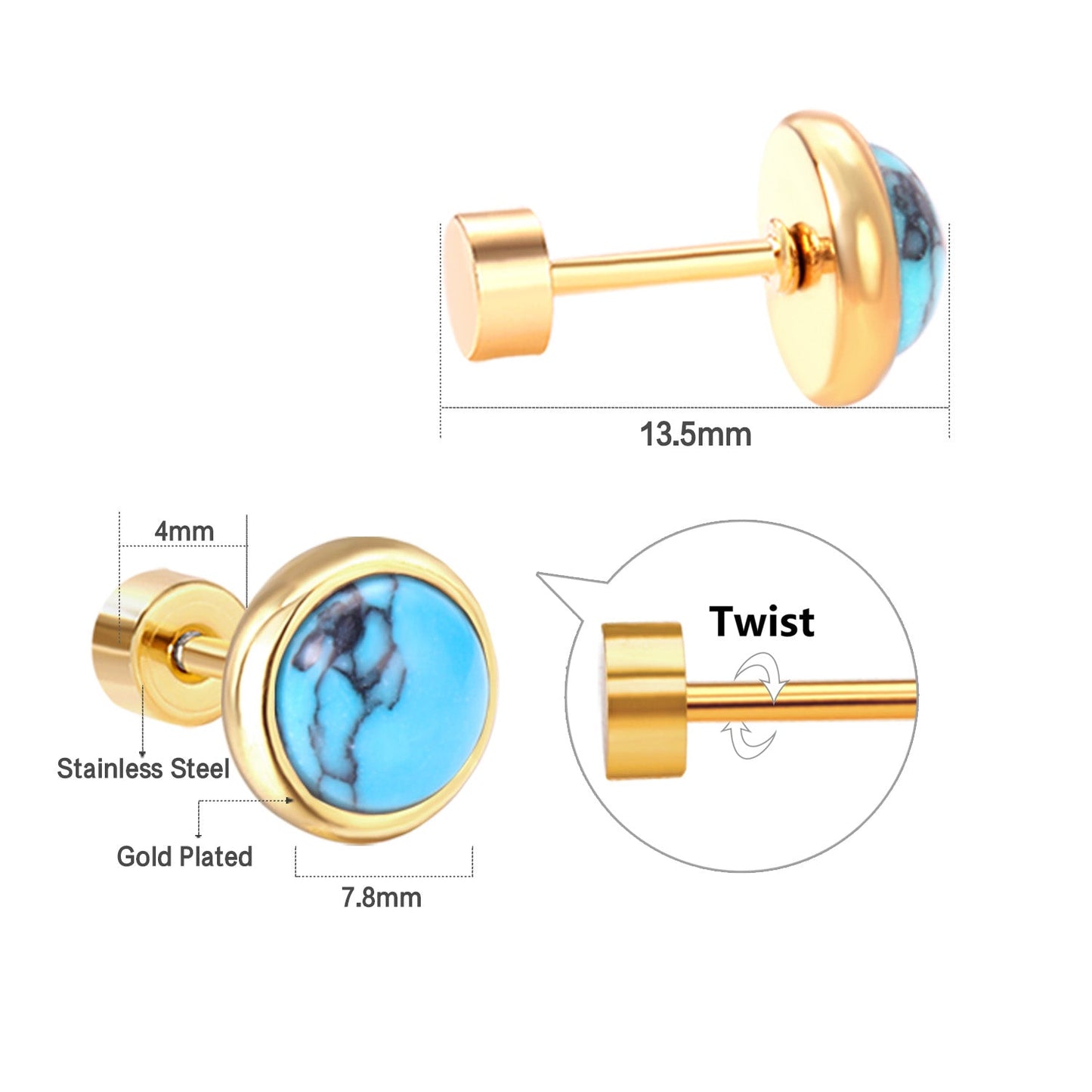 12 pairs 4mm/6mm/8mm Steel Color/Gold Turquoise Screwback Earrings