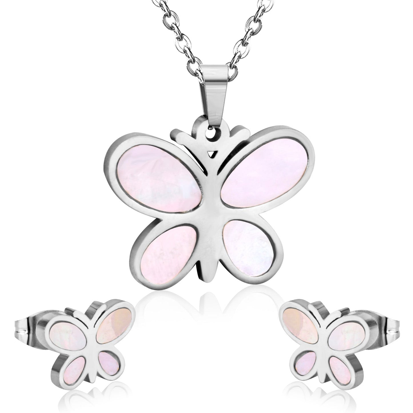 Steel/golden finish cut + butterfly shape with white shells adhered jewelry set