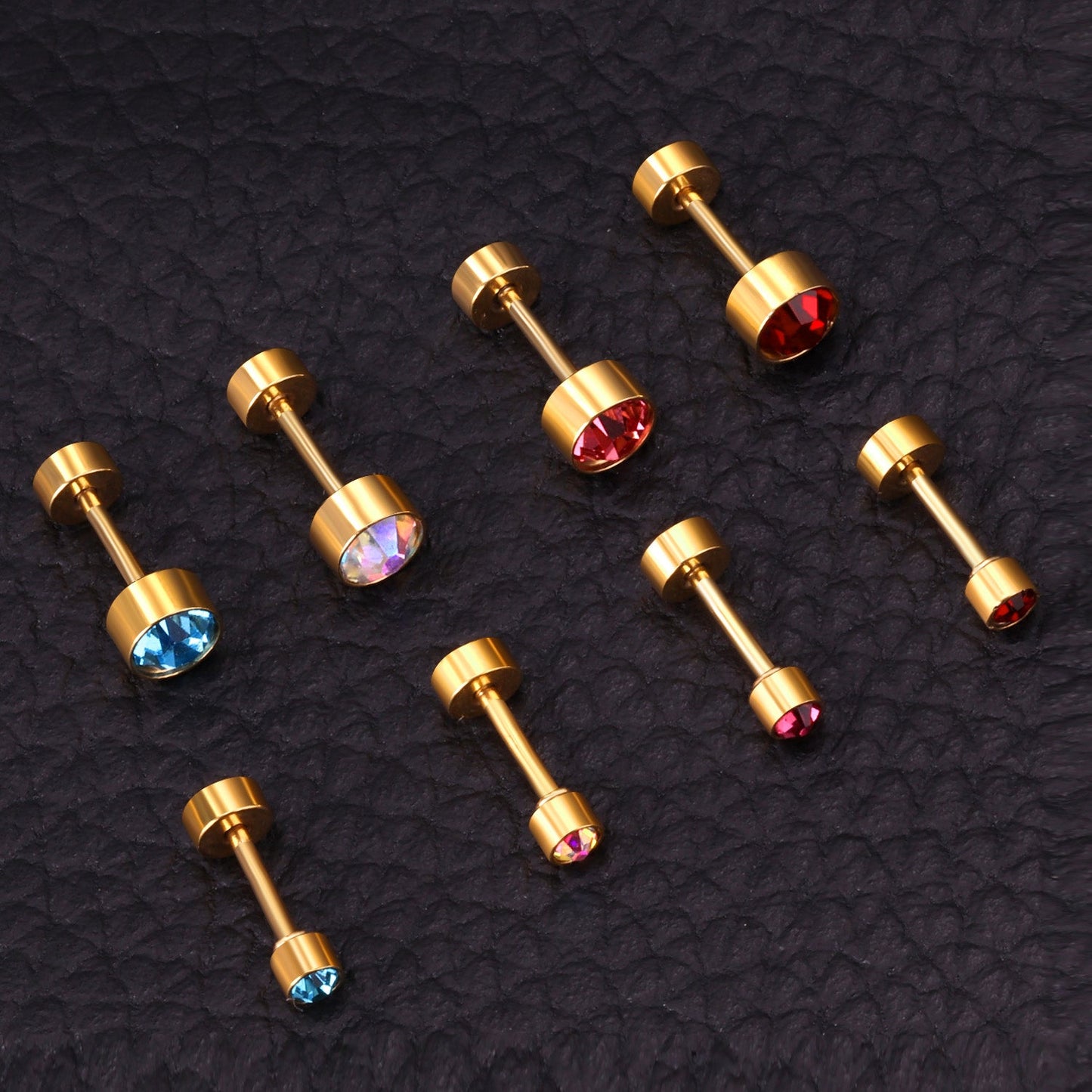 12 pairs 3mm/5mm steel color/gold cylinder AB color diamonds/rose diamonds/big red diamonds/aquamarine diamonds screw plugs