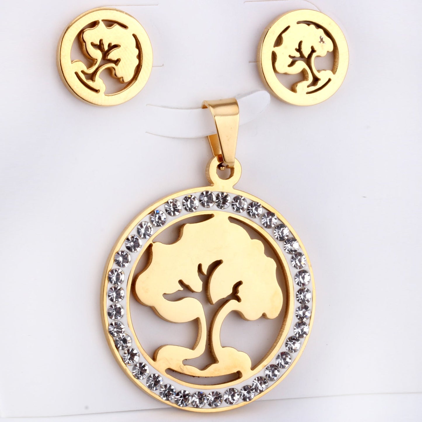 Steel/golden smooth partially glued diamond hollow tree cut jewelry set