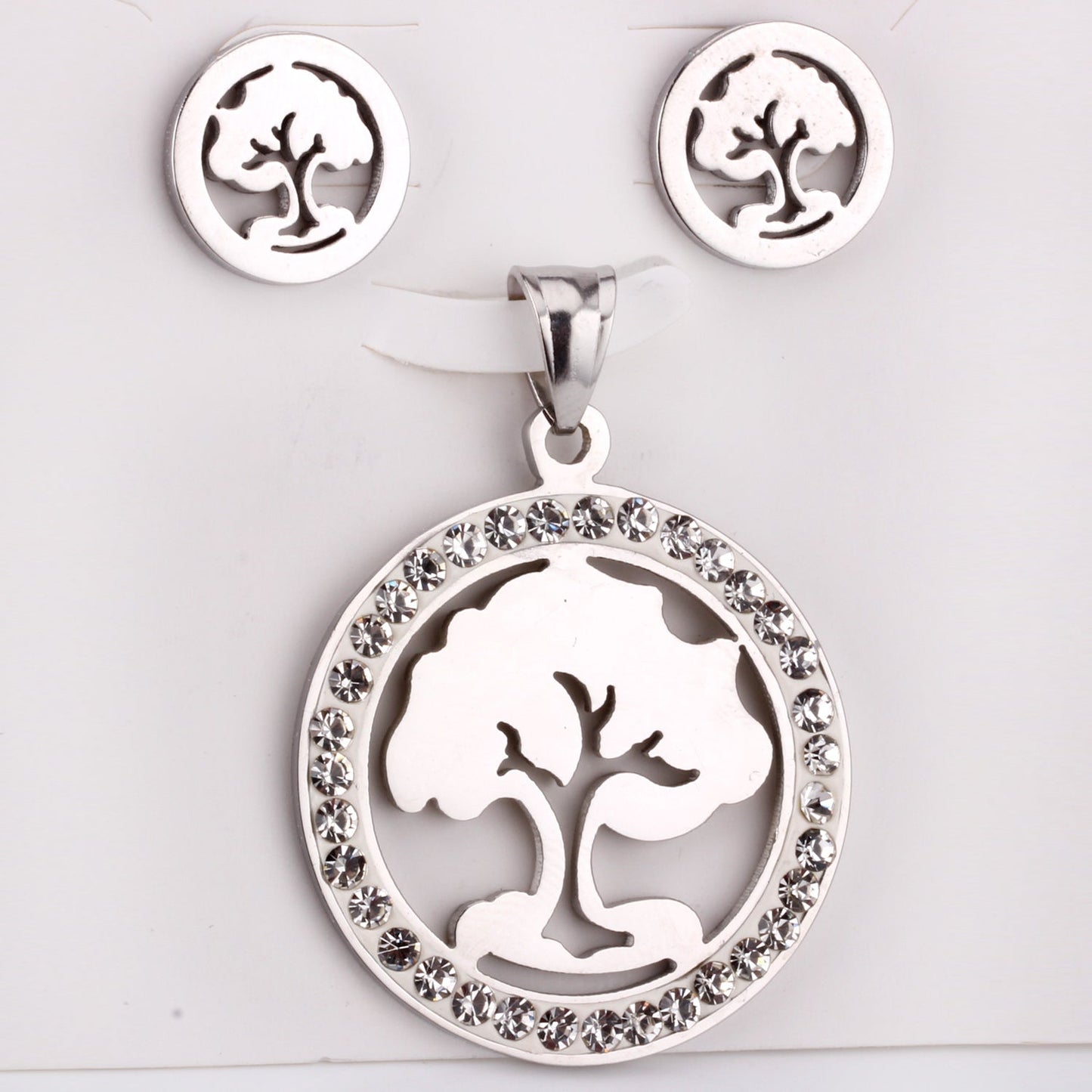 Steel/golden smooth partially glued diamond hollow tree cut jewelry set