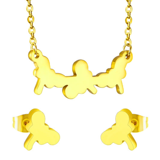 Jewelry set in gold/steel with smooth surfaces and irregular cuts