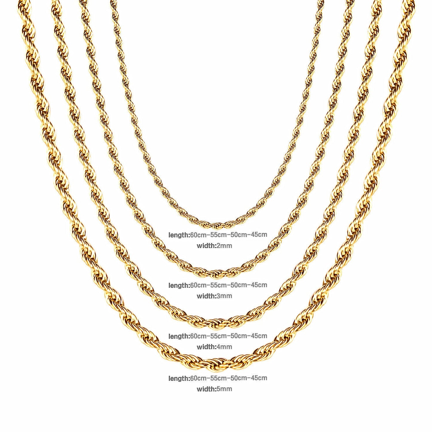 ASON 10pcs/bulk long necklace collar 3mm*45cm & 4mm*45cm twisted matching chain steel color & gold color stainless steel necklace wholesale