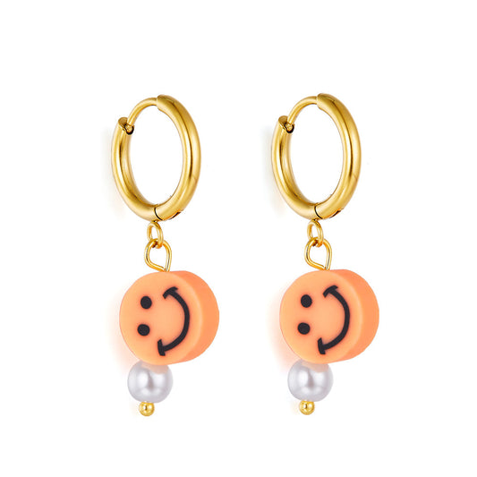 Fashion 18k Gold Plated Orange Round Smiley Face Enamel Girls Kids Jewelry Earrings
