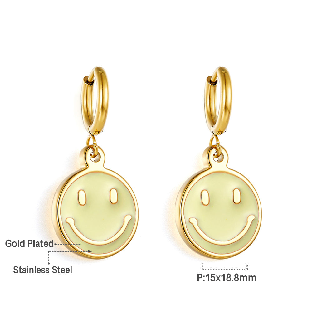 Enamel Girls Kids Jewelry Fashion Stainless Steel Yellow Smiley Earrings