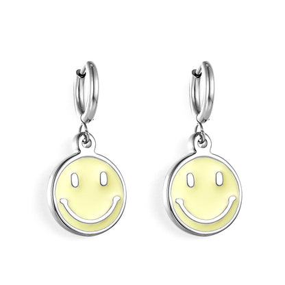 Enamel Girls Kids Jewelry Fashion Stainless Steel Yellow Smiley Earrings