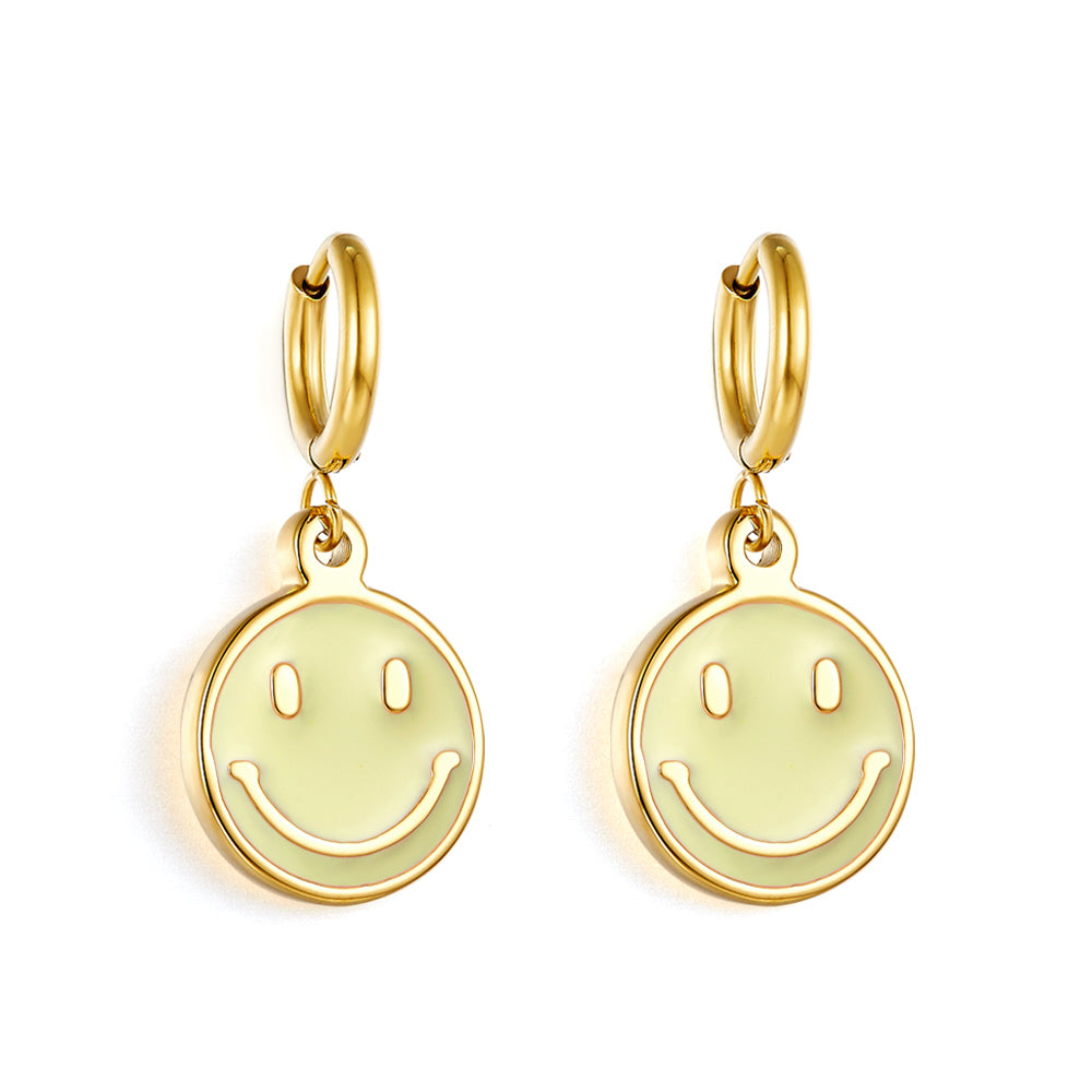 Enamel Girls Kids Jewelry Fashion Stainless Steel Yellow Smiley Earrings