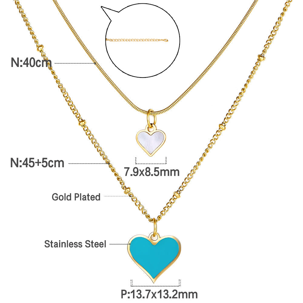 Enamel Girls Kids Jewelry Blue and White Shell Heart-shaped Double Necklace