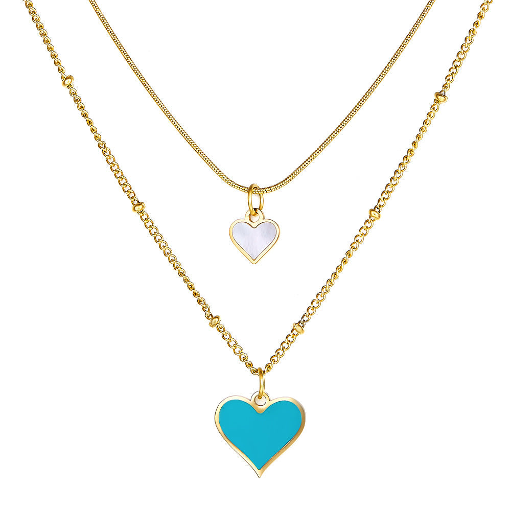 Enamel Girls Kids Jewelry Blue and White Shell Heart-shaped Double Necklace