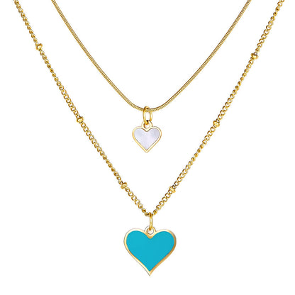 Enamel Girls Kids Jewelry Blue and White Shell Heart-shaped Double Necklace