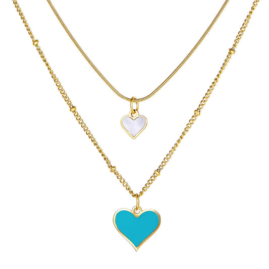 Enamel Girls Kids Jewelry Blue and White Shell Heart-shaped Double Necklace