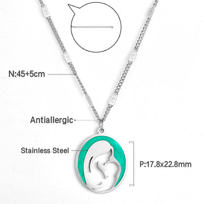 Stainless Steel Green Mother and Baby Hollow Accessories Necklace