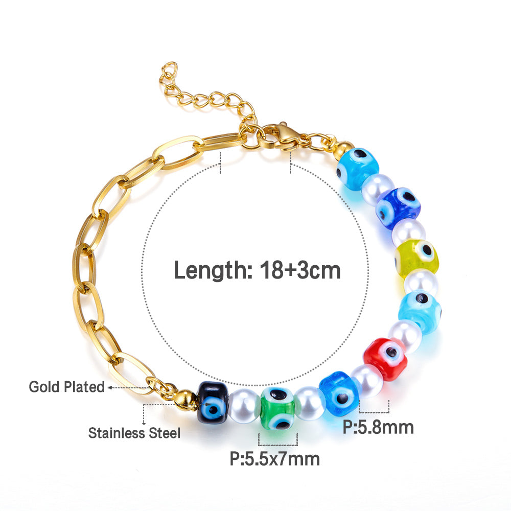 Stainless Steel Half With Chain Half Pearls and Eyes Accessories Bracelet