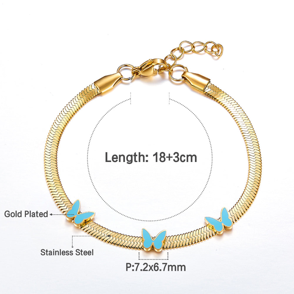 Stainless Steel 3 Light Blue Butterflies Accessory Bracelet