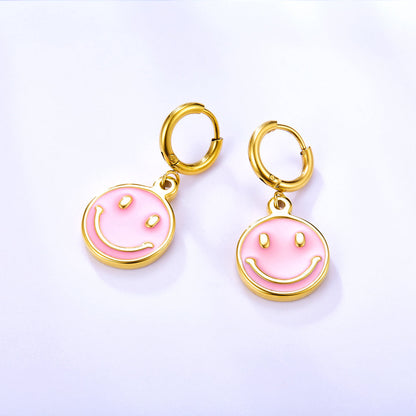Stainless Steel Pink Round Smiley Face Girls Kids Jewelry Earrings