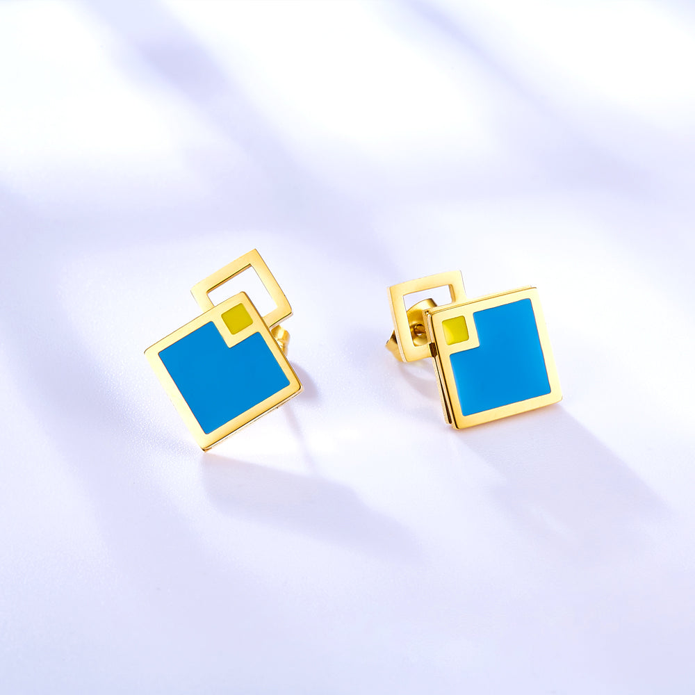 Enamel Girls Kids Jewelry Big and Small Rhombus Blue Extremely Simple Stud Earrings