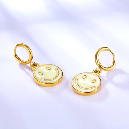 Girls Kids Jewelry Stainless Steel Yellow Round Smiley Face Earrings
