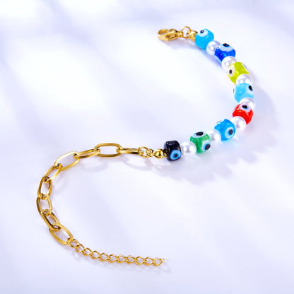 Stainless Steel Half With Chain Half Pearls and Eyes Accessories Bracelet