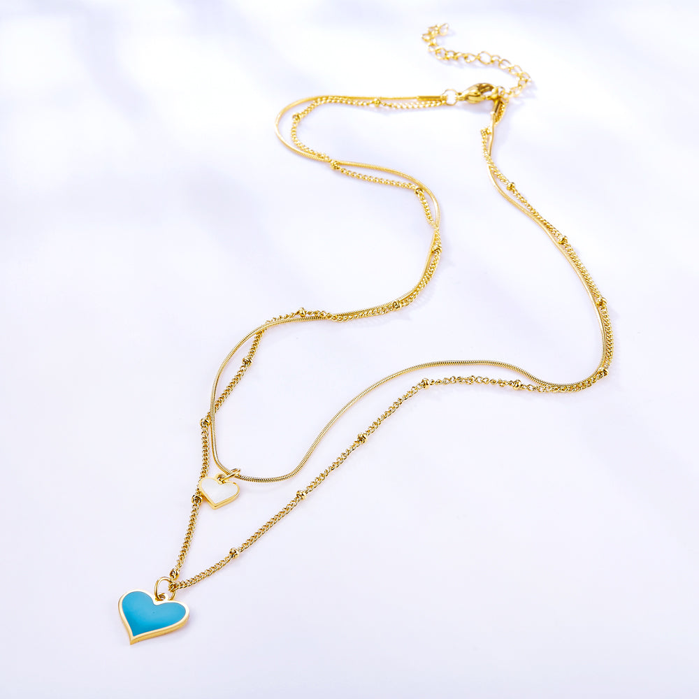 Enamel Girls Kids Jewelry Blue and White Shell Heart-shaped Double Necklace