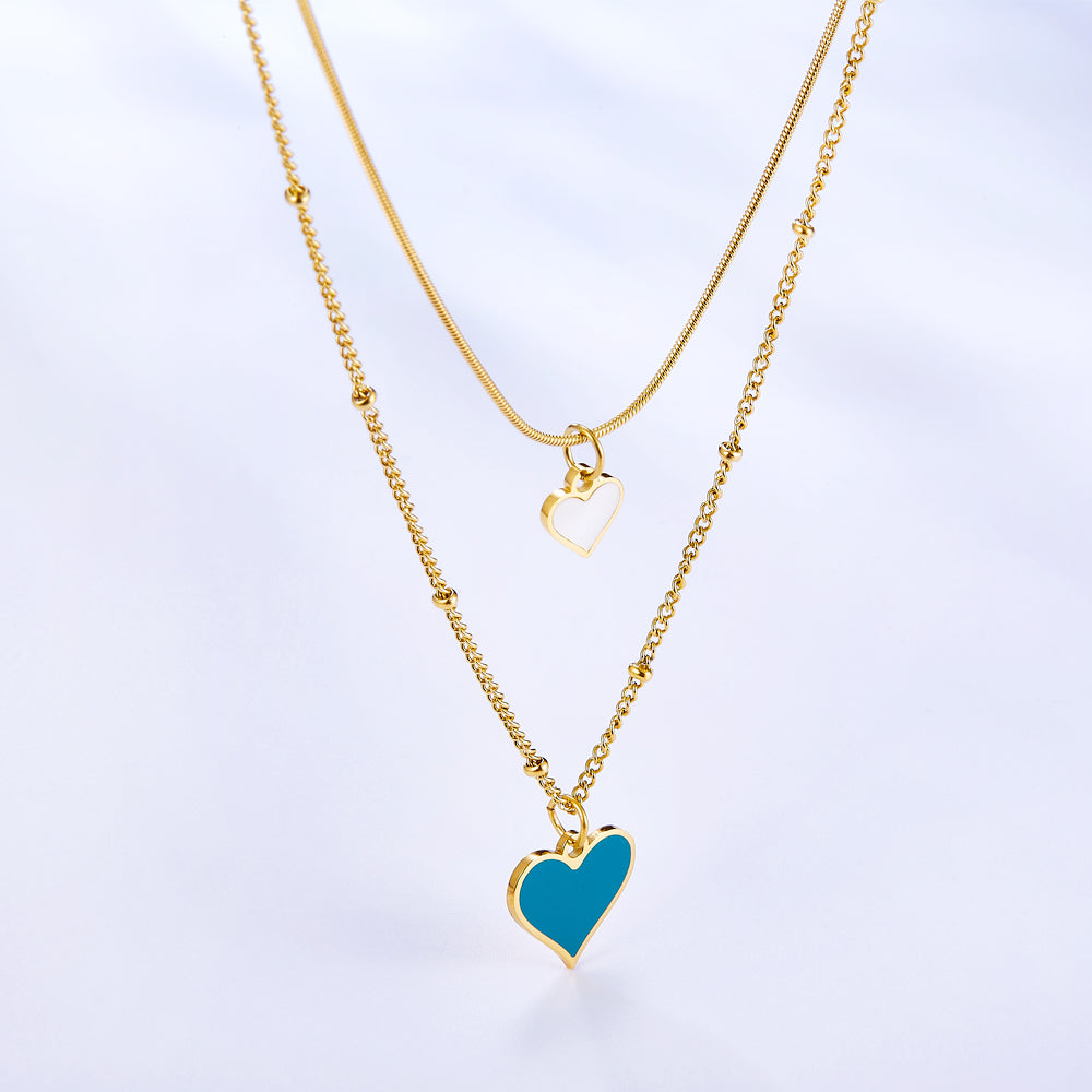 Enamel Girls Kids Jewelry Blue and White Shell Heart-shaped Double Necklace