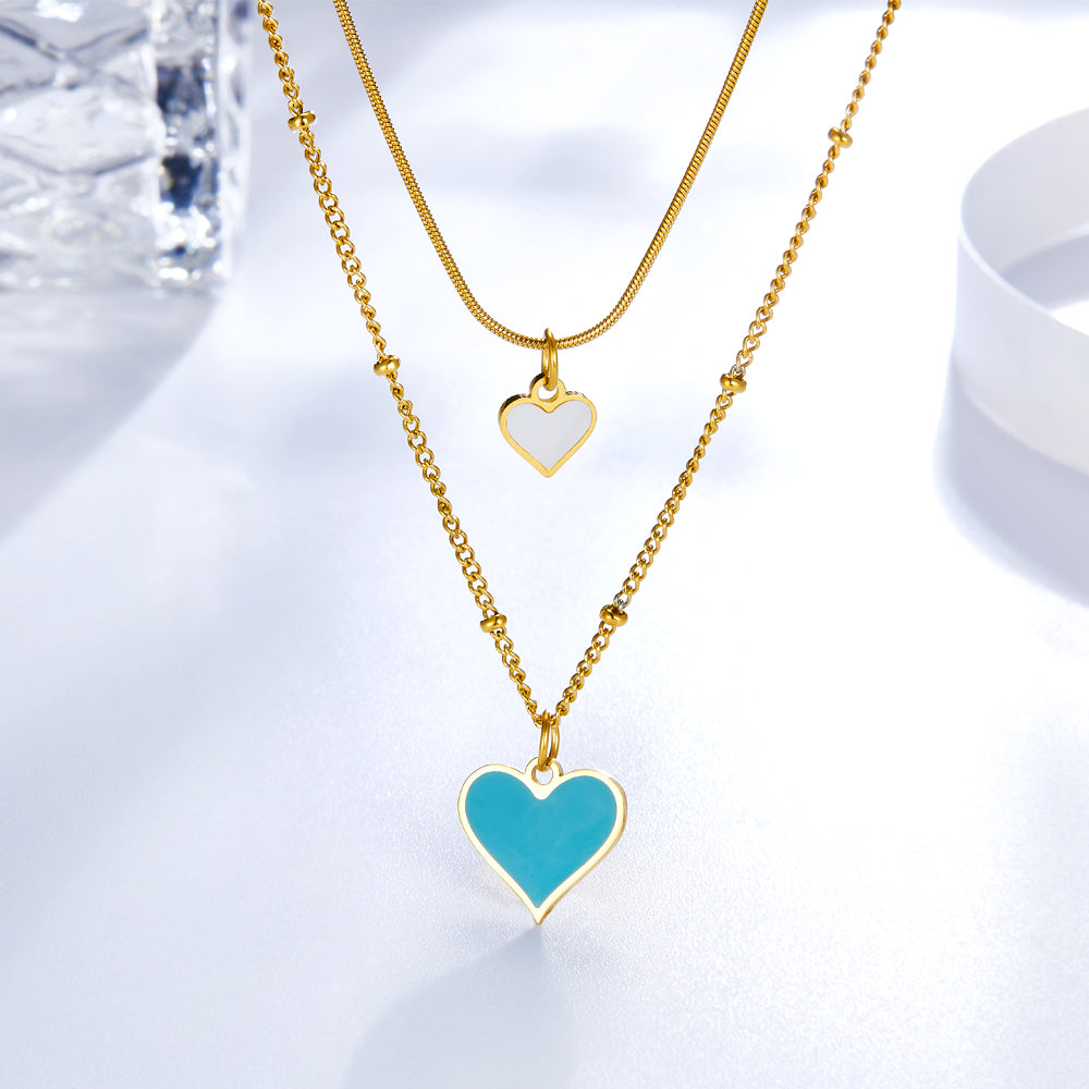 Enamel Girls Kids Jewelry Blue and White Shell Heart-shaped Double Necklace