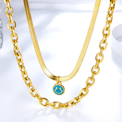 Fashion Round Blue Smiley Face Pattern Double Necklace