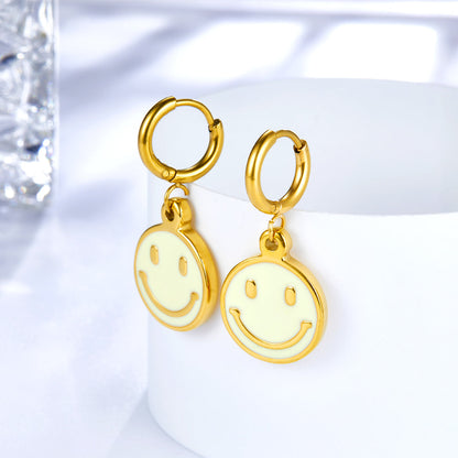 Girls Kids Jewelry Stainless Steel Yellow Round Smiley Face Earrings