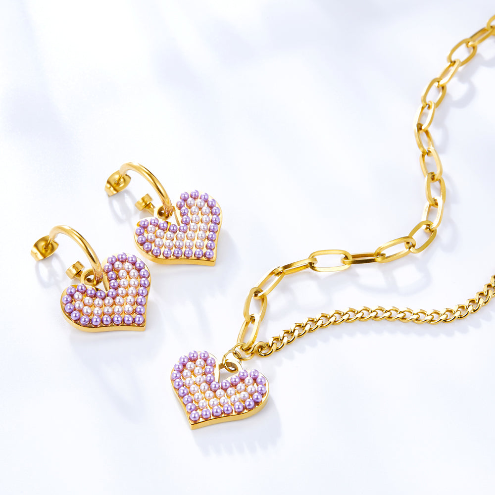 Purple Mix White Pearl Heart-shaped Enamel Girls Kids Jewelry Set