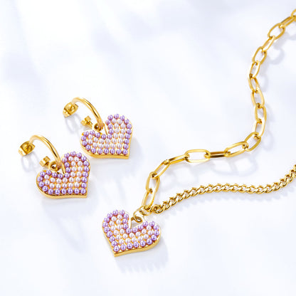 Purple Mix White Pearl Heart-shaped Enamel Girls Kids Jewelry Set