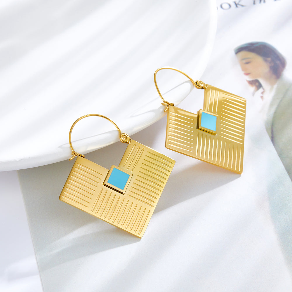 Fashion Square Lake Blue Drop Oil Enamel Girls Jewelry Earrings