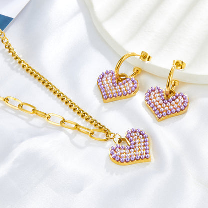 Purple Mix White Pearl Heart-shaped Enamel Girls Kids Jewelry Set