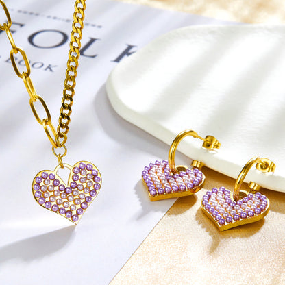 Purple Mix White Pearl Heart-shaped Enamel Girls Kids Jewelry Set