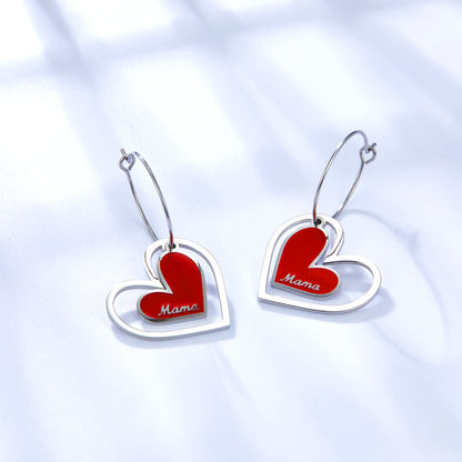 Big And Small Heart-shaped Mama Red Drop Oil Enamel Girls Jewelry Earrings